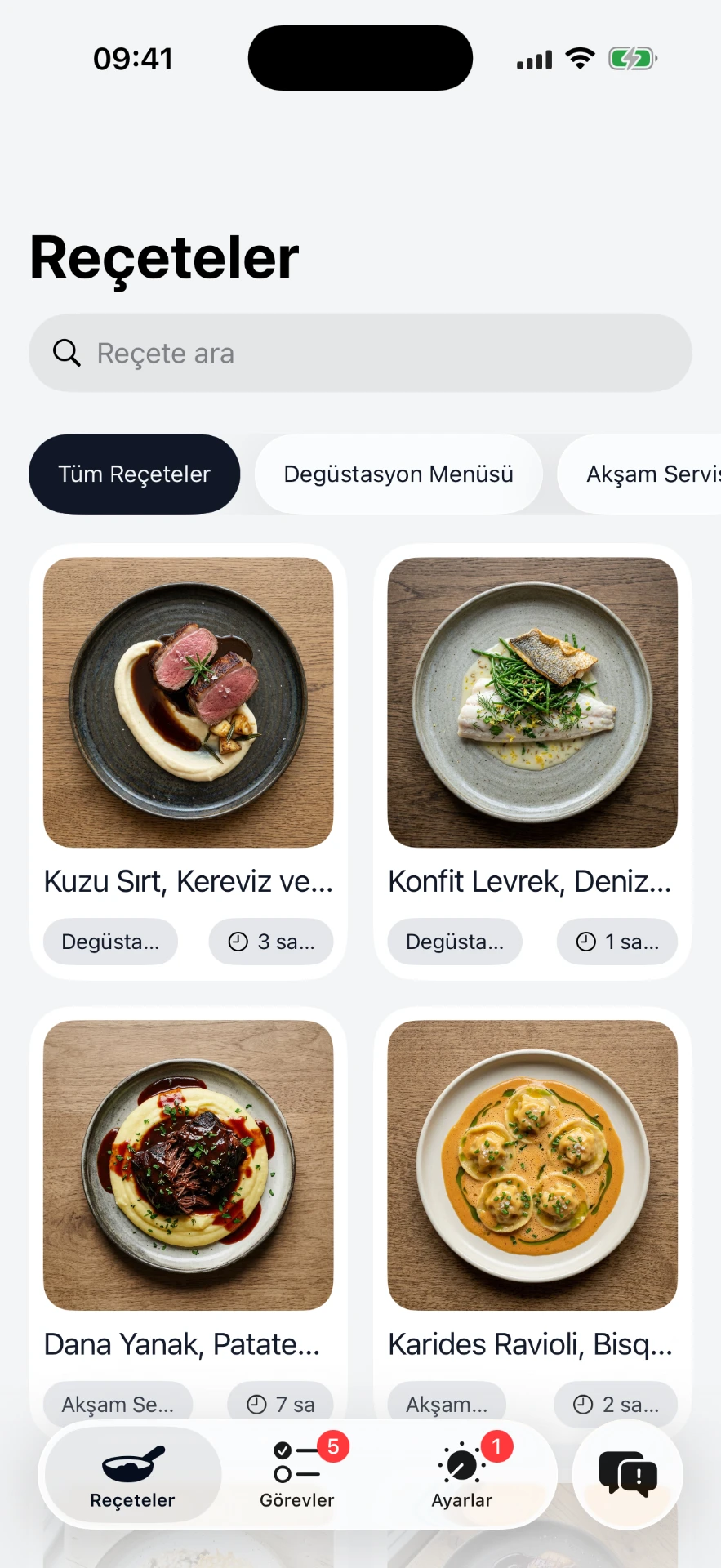 Reçete uygulamasının reçete listesi ekranı