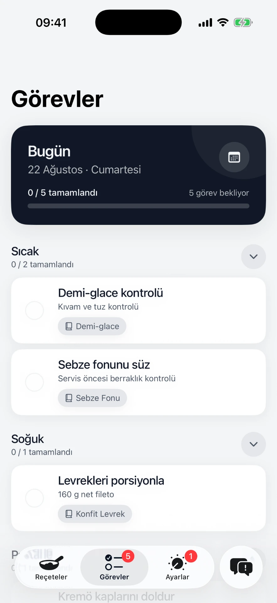 Günlük görev listesi ekranı